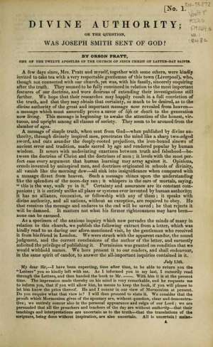Divine Authority
Or the Question: Was Joseph Smith Sent of God?